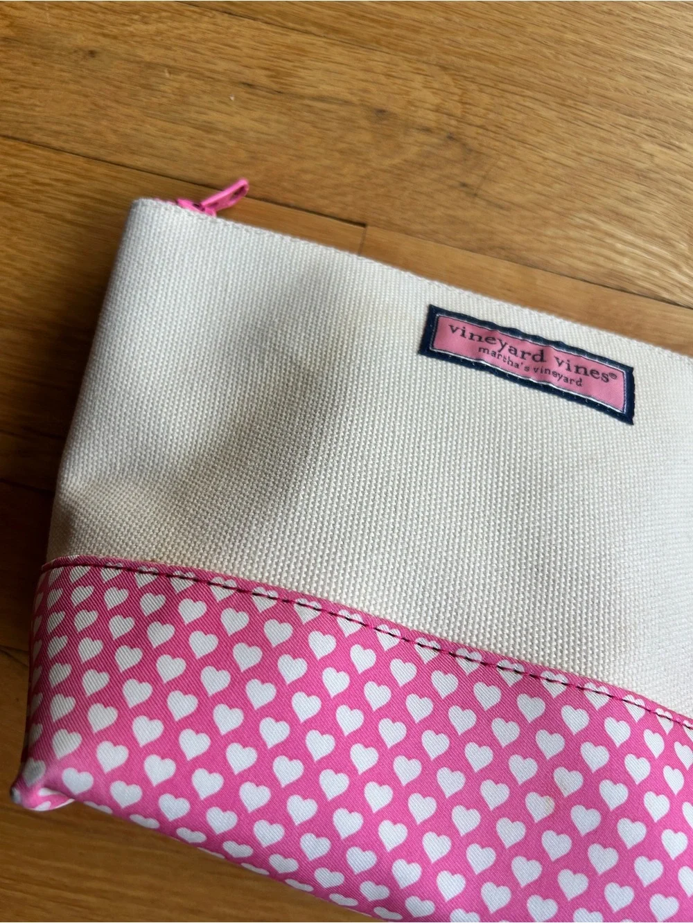 Vineyard Vines Cream Canvas Cosmetic Pouch with Pink Heart Base